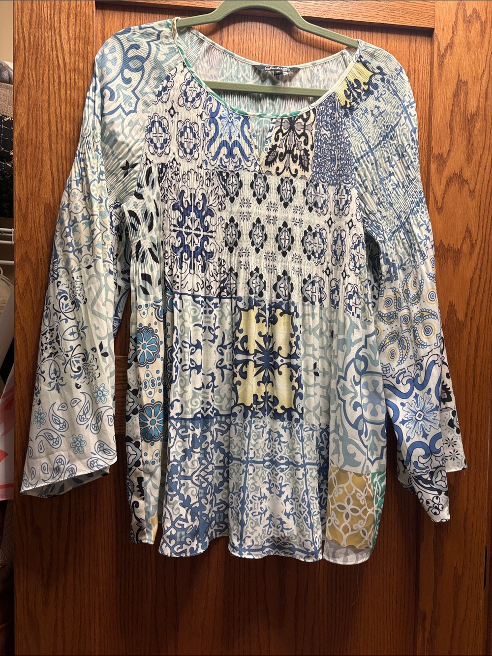 CHARLIE B Patchwork Peasant Tunic in Blue, Cream & Yellow